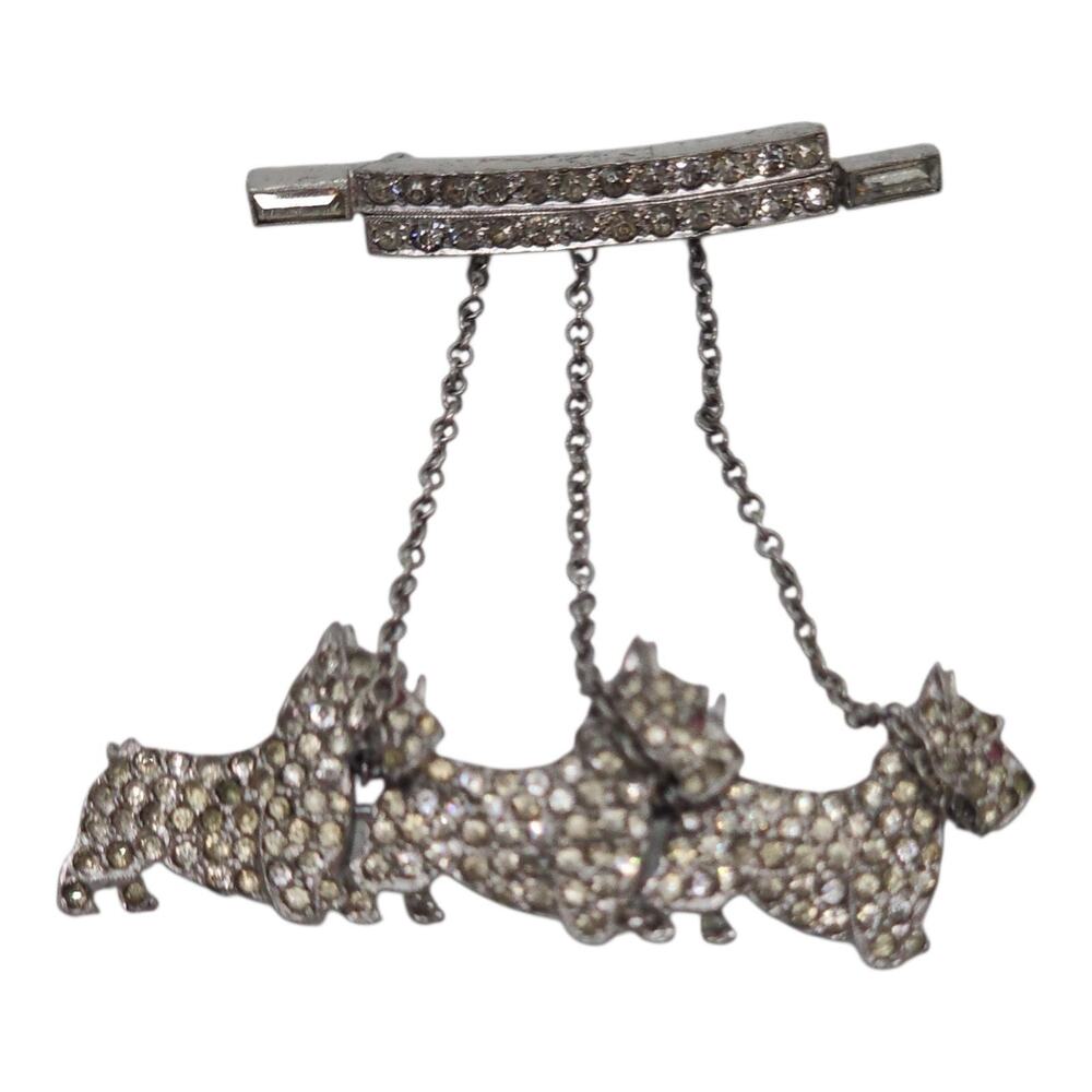 Vintage Scottie Dog Rhinestone Dangle Brooch 3 Terrier Pin Silver Tone Figural